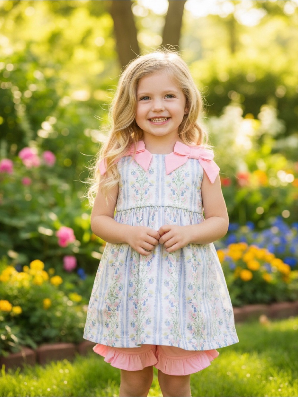 Girls Floral Pink Bow Matching Set - Sleeveless Dress & Ruffle Shorts with Bow b